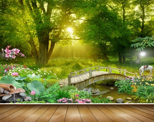 Avikalp MWZ2611 Sun Trees Plants Animals Flowers Grass Bridge River Pond Lake Stones Horse HD Wallpaper