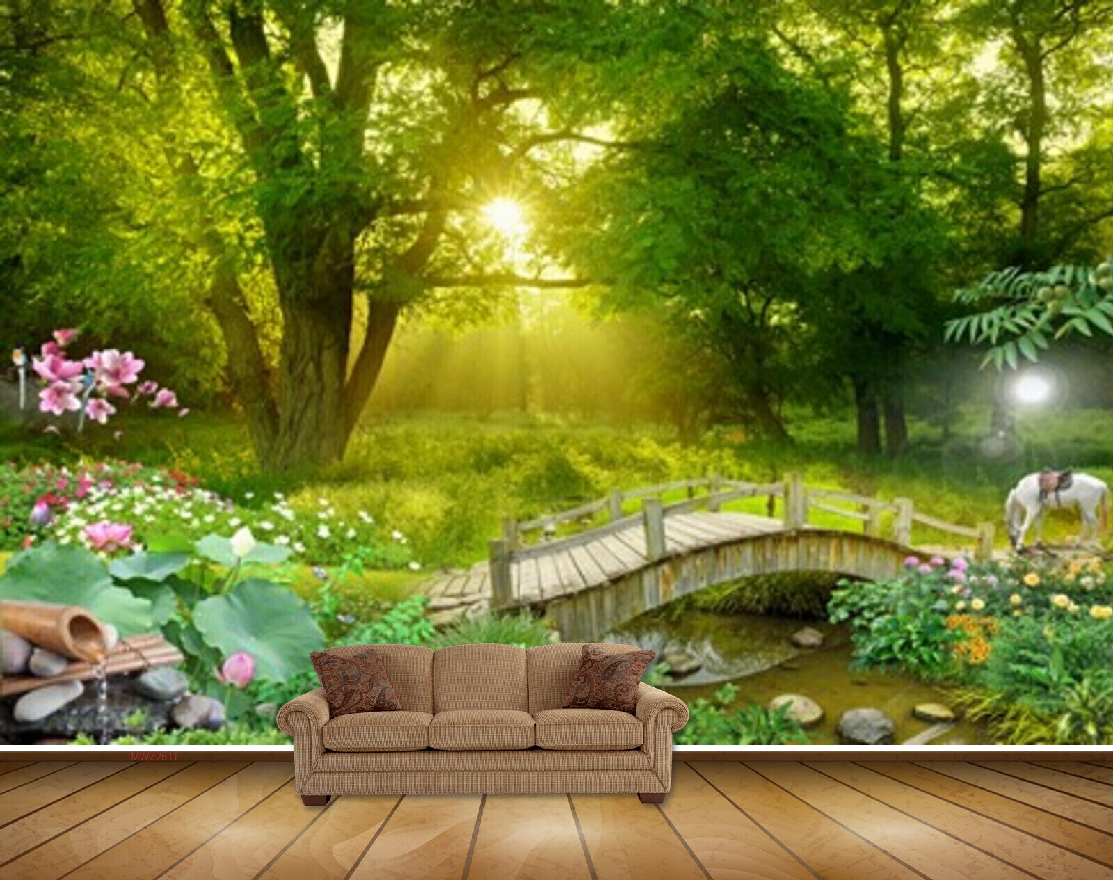 Avikalp MWZ2611 Sun Trees Plants Animals Flowers Grass Bridge River Pond Lake Stones Horse HD Wallpaper