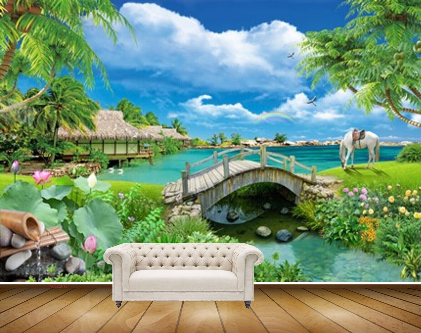 Avikalp MWZ2612 Trees Huts Horse Pink Lotus Flowers River Water Grass Clouds Stones Rainbow HD Wallpaper