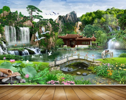 Avikalp MWZ2613 Mountains Waterfalls Trees Birds Animals Horse Plants Flowers Bridge House River Pond Water Stones Fishes Duck HD Wallpaper