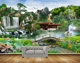 Avikalp MWZ2613 Mountains Waterfalls Trees Birds Animals Horse Plants Flowers Bridge House River Pond Water Stones Fishes Duck HD Wallpaper