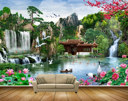 Avikalp MWZ2617 Trees Birds Pink Waterfalls Flowers Cranes Mountains River Pond House Plants Boats Fishes Duck HD Wallpaper