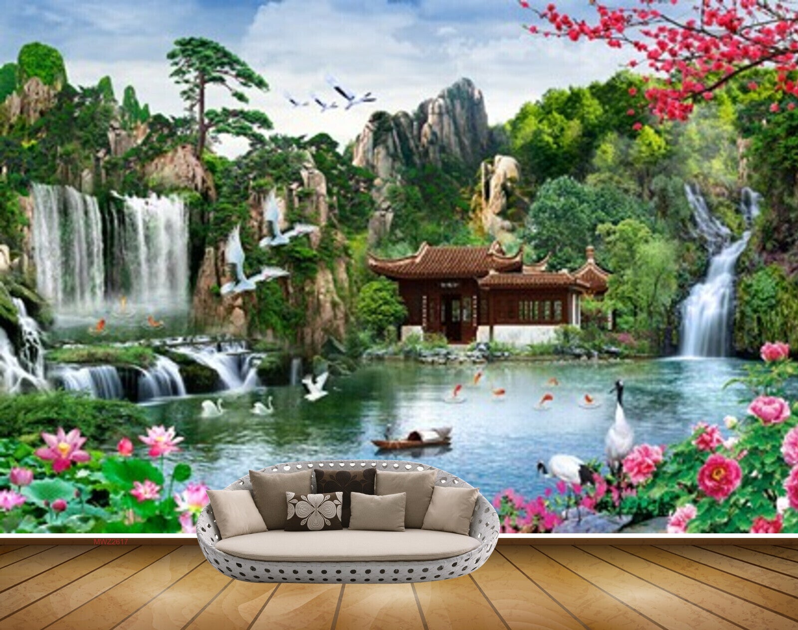 Avikalp MWZ2617 Trees Birds Pink Waterfalls Flowers Cranes Mountains River Pond House Plants Boats Fishes Duck HD Wallpaper