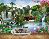 Avikalp MWZ2617 Trees Birds Pink Waterfalls Flowers Cranes Mountains River Pond House Plants Boats Fishes Duck HD Wallpaper