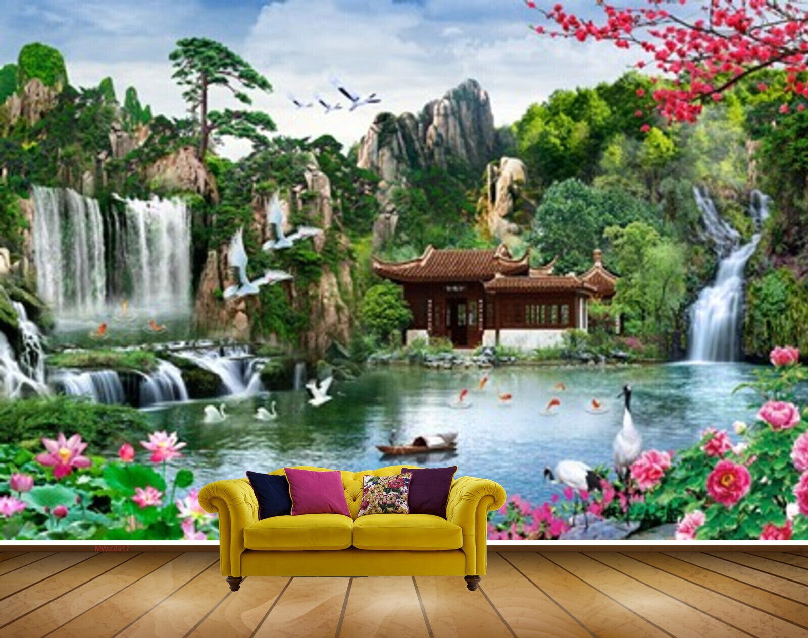 Avikalp MWZ2617 Trees Birds Pink Waterfalls Flowers Cranes Mountains River Pond House Plants Boats Fishes Duck HD Wallpaper