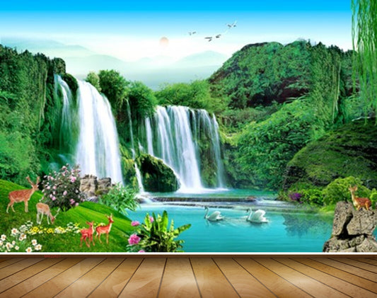 Avikalp MWZ2621 Waterfalls Birds Deers Flowers Sun Clouds Mountains Duck Stones River Pond Lake Grass Plants HD Wallpaper