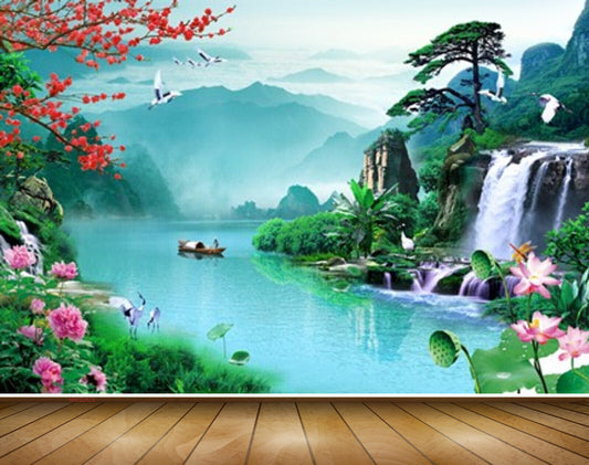 Avikalp MWZ2623 River Orange Pink Flowers Trees Waterfalls HD Wallpaper