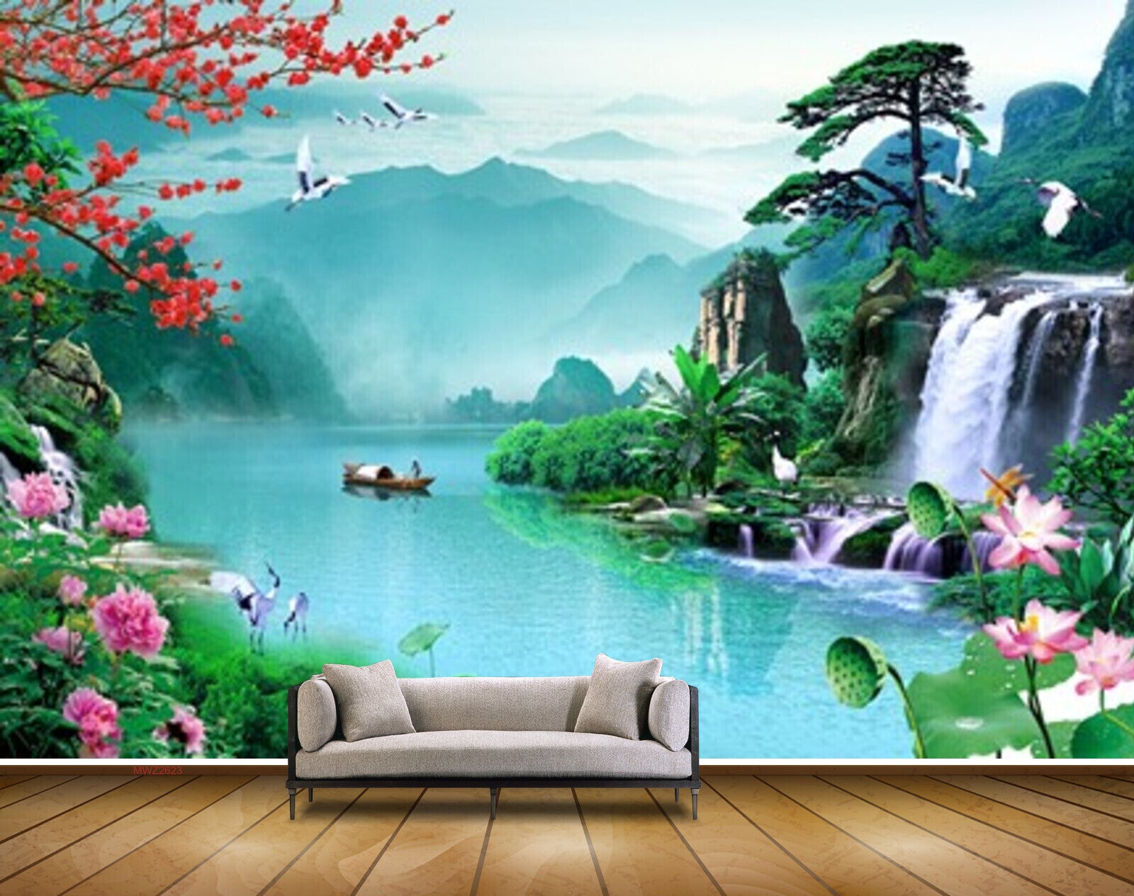 Avikalp MWZ2623 River Orange Pink Flowers Trees Waterfalls HD Wallpaper