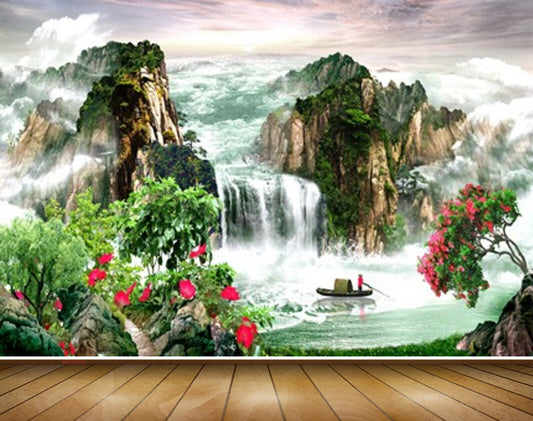 Avikalp MWZ2624 Waterfalls Trees Boat River Pond Water Mountains Clouds Red Flowers HD Wallpaper