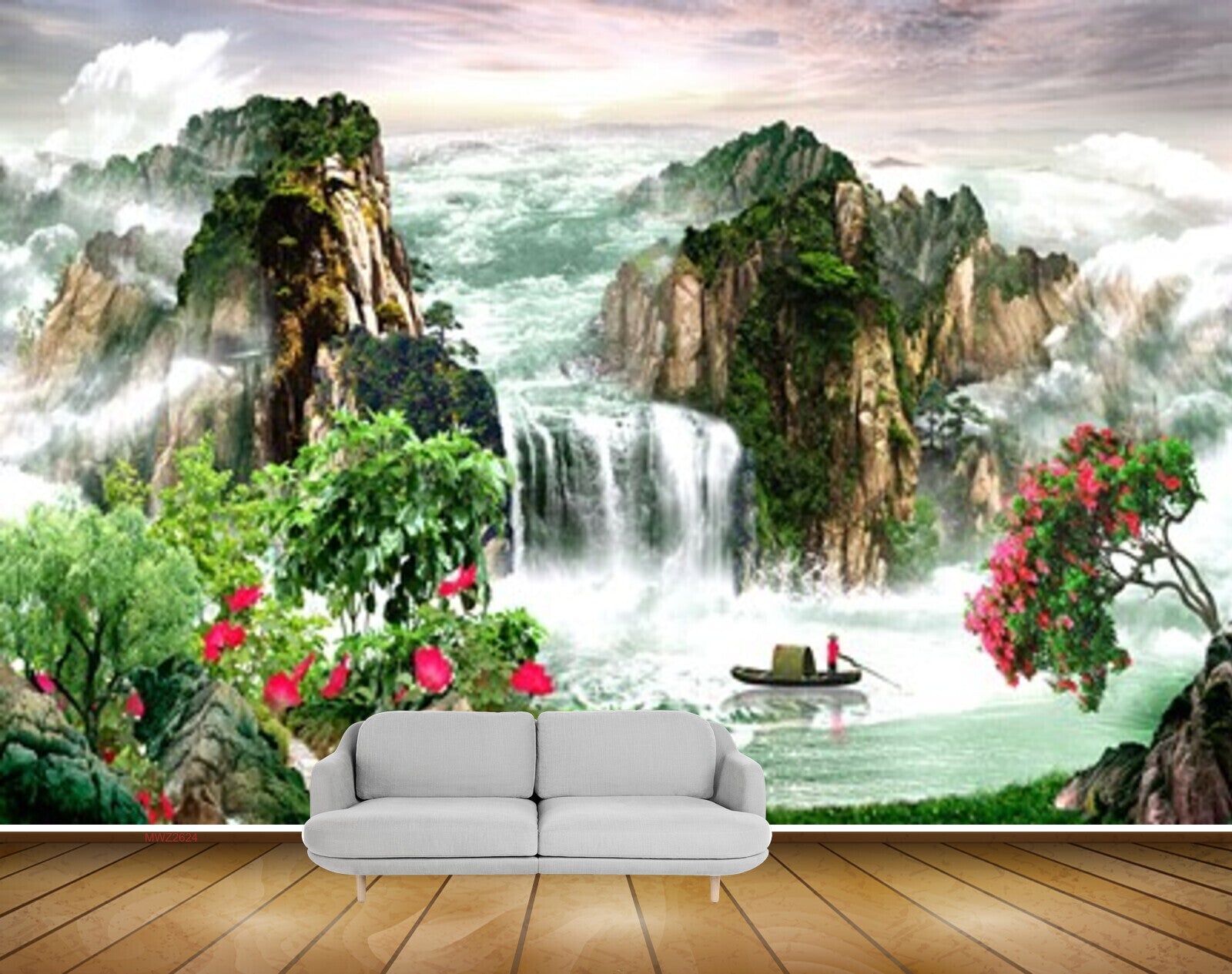 Avikalp MWZ2624 Waterfalls Trees Boat River Pond Water Mountains Clouds Red Flowers HD Wallpaper