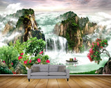 Avikalp MWZ2624 Waterfalls Trees Boat River Pond Water Mountains Clouds Red Flowers HD Wallpaper
