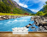 Avikalp MWZ2626 Mountains Sun Clouds River Stones Trees Houses HD Wallpaper