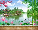 Avikalp MWZ2627 bamboo Trees River Lake water Pink Flowers Cranes Duck Bridge Plants HD Wallpaper