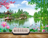 Avikalp MWZ2627 bamboo Trees River Lake water Pink Flowers Cranes Duck Bridge Plants HD Wallpaper