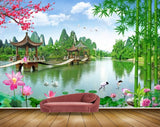 Avikalp MWZ2627 bamboo Trees River Lake water Pink Flowers Cranes Duck Bridge Plants HD Wallpaper