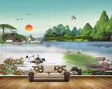 Avikalp MWZ2629 Sun Birds Trees Cranes Houses Mounatins Lake River Pond Water Duck Boats Flowers Stones HD Wallpaper