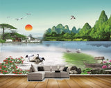 Avikalp MWZ2629 Sun Birds Trees Cranes Houses Mounatins Lake River Pond Water Duck Boats Flowers Stones HD Wallpaper
