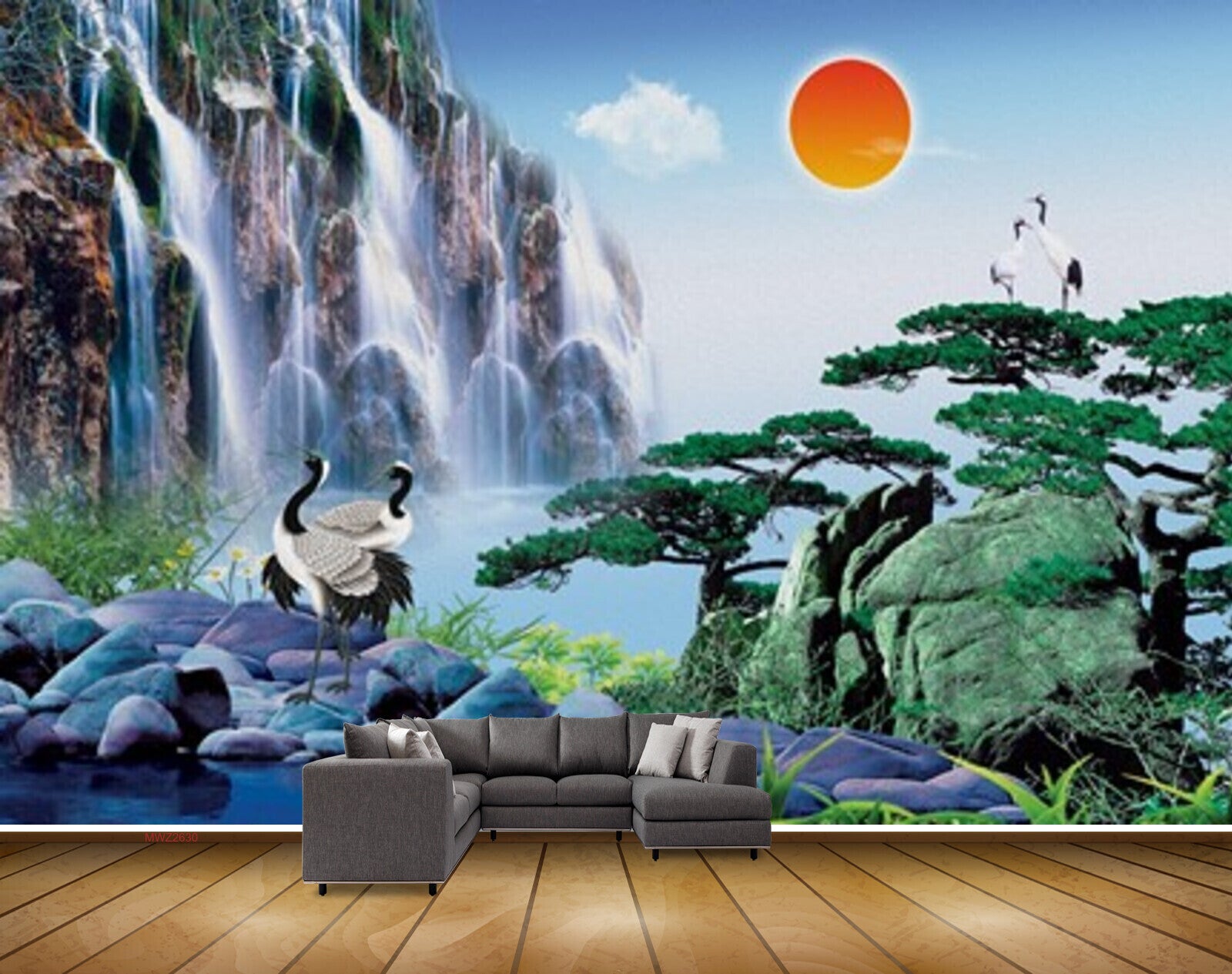 Avikalp MWZ2630 Sun Waterfalls Cranes Trees Mountains Stones Pond Plants HD Wallpaper
