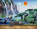 Avikalp MWZ2630 Sun Waterfalls Cranes Trees Mountains Stones Pond Plants HD Wallpaper