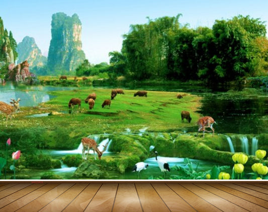 Avikalp MWZ2633 Trees Mountains Animals Cranes Grass Pond River Water Buffalo Deers Flowers HD Wallpaper