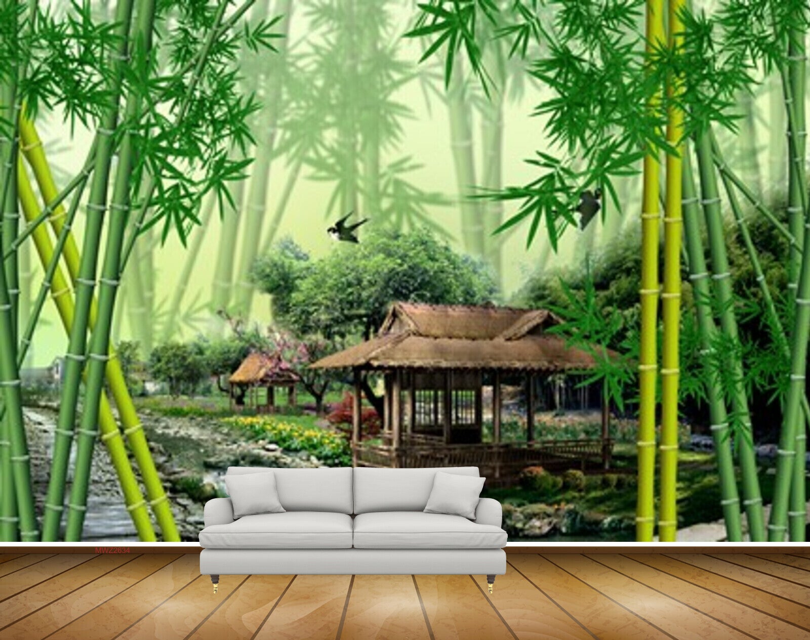 Avikalp MWZ2634 Bamboo Trees Hut Birds River Pond Water Leaves HD Wallpaper