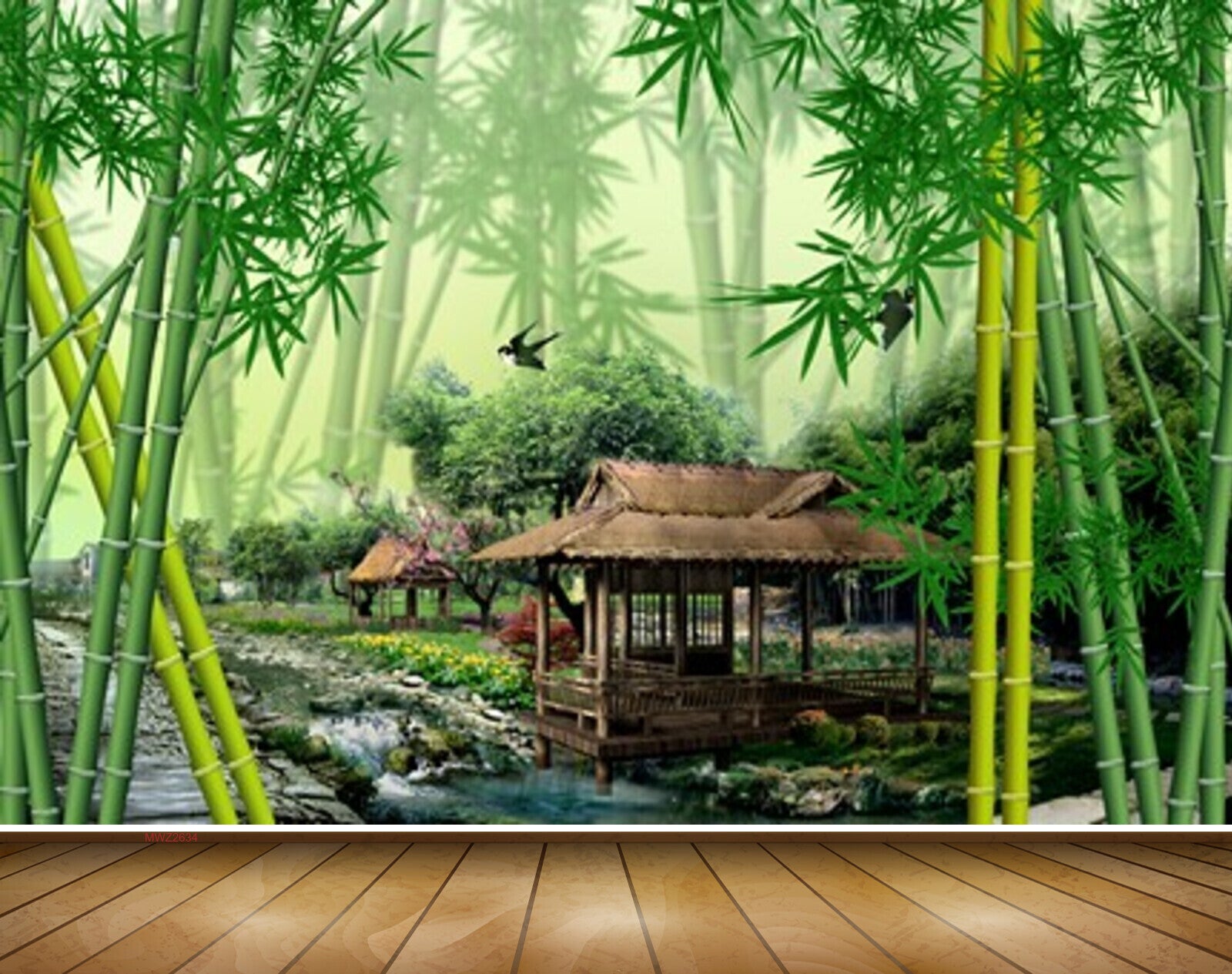 Avikalp MWZ2634 Bamboo Trees Hut Birds River Pond Water Leaves HD Wallpaper