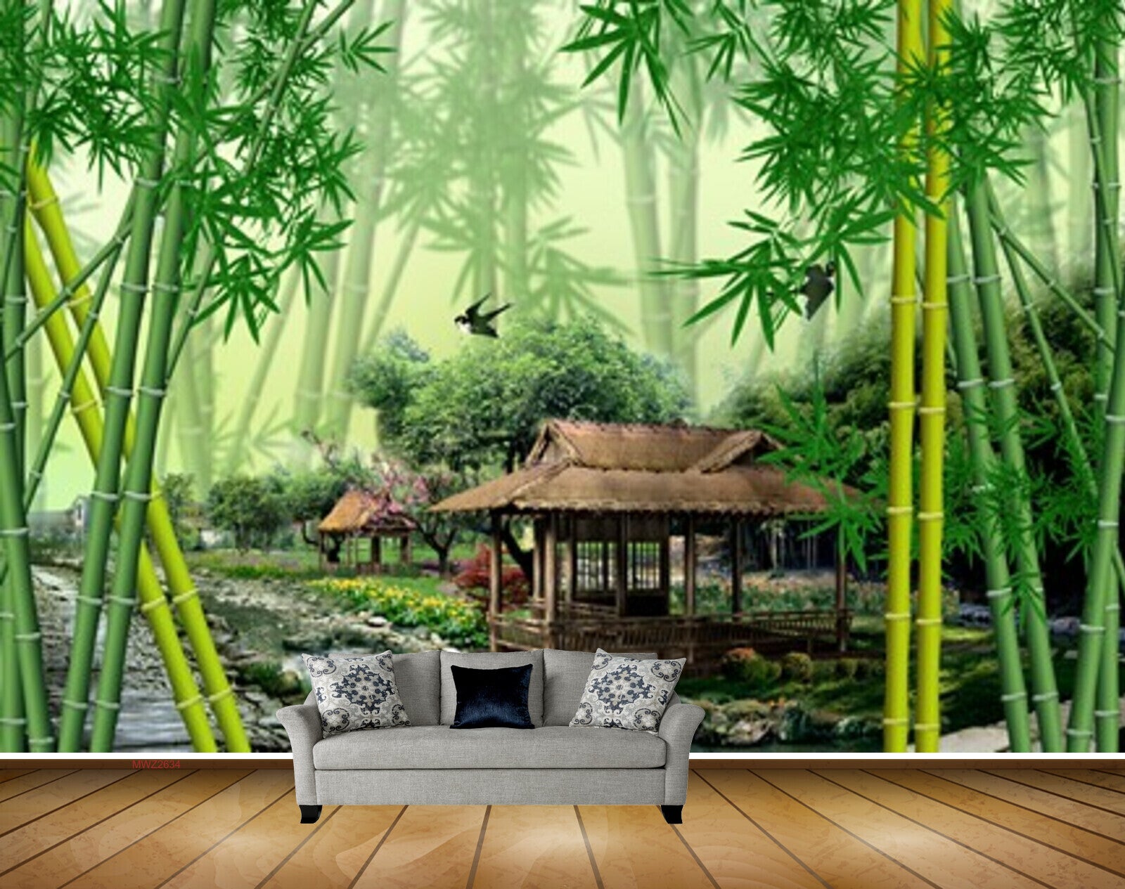 Avikalp MWZ2634 Bamboo Trees Hut Birds River Pond Water Leaves HD Wallpaper