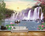Avikalp MWZ2635 Waterfalls Sun Pink Flowers Boat Fishes Plants Stones Trees River Pond Water Ducks HD Wallpaper