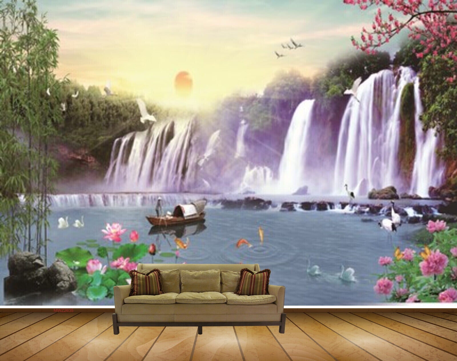 Avikalp MWZ2635 Waterfalls Sun Pink Flowers Boat Fishes Plants Stones Trees River Pond Water Ducks HD Wallpaper