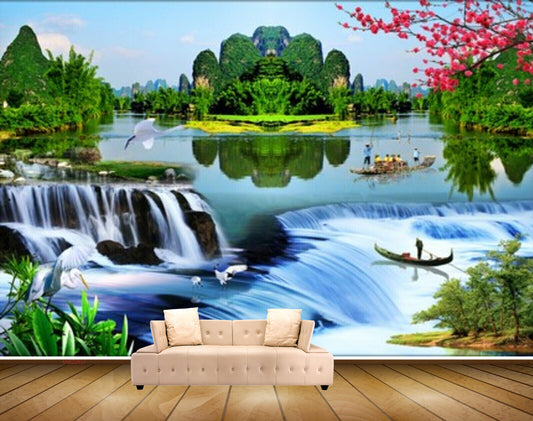 Avikalp MWZ2637 Waterfalls Trees Boat River Pond Water Plants Mountains Cranes HD Wallpaper