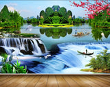 Avikalp MWZ2637 Waterfalls Trees Boat River Pond Water Plants Mountains Cranes HD Wallpaper