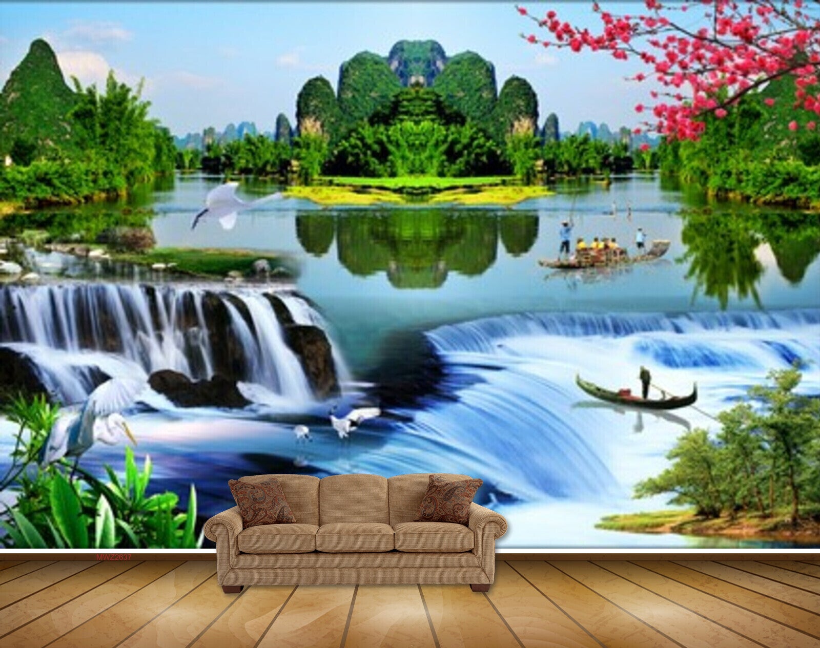 Avikalp MWZ2637 Waterfalls Trees Boat River Pond Water Plants Mountains Cranes HD Wallpaper