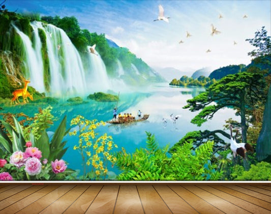 Avikalp MWZ2638 Waterfalls Trees Flowers Boat Birds Cranes Plants Mountains Clouds River Pond Water Deers HD Wallpaper