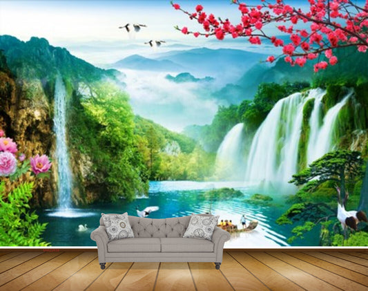 Avikalp MWZ2639 Waterfalls Trees Lake Boat Pink Flowers Birds Duck River Pond Water Mountains HD Wallpaper