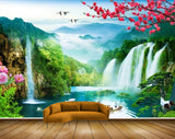 Avikalp MWZ2639 Waterfalls Trees Lake Boat Pink Flowers Birds Duck River Pond Water Mountains HD Wallpaper