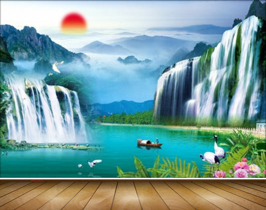 Avikalp MWZ2640 Sun Waterfalls Birds Lake Boat Cranes Pink Flowers Plants River Pond Water Mountains HD Wallpaper