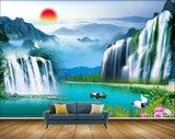 Avikalp MWZ2640 Sun Waterfalls Birds Lake Boat Cranes Pink Flowers Plants River Pond Water Mountains HD Wallpaper