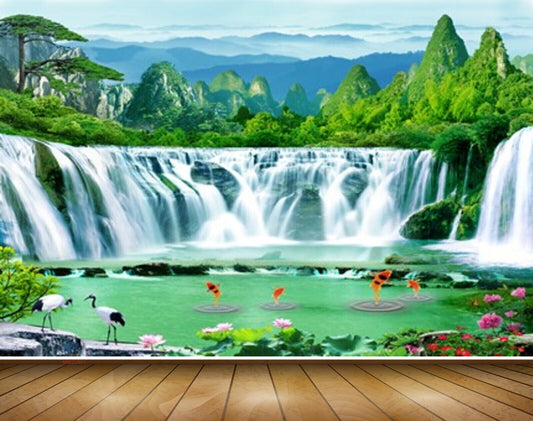 Avikalp MWZ2641 Waterfalls Mountains Trees Fishes Cranes Lotus Flowers Plants River Pond Lake Water HD Wallpaper