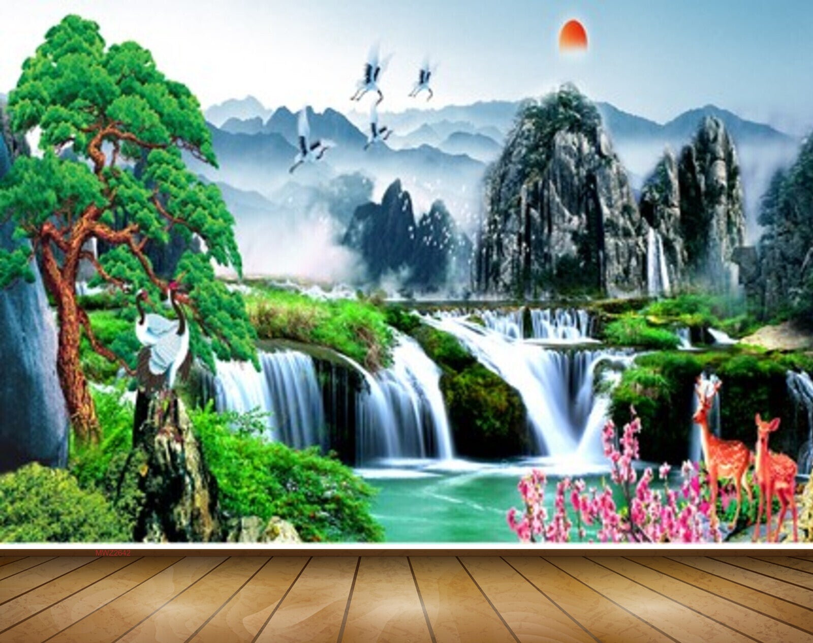 Avikalp MWZ2642 Sun Waterfalls Deers Flowers Birds Mountains Trees Cranes River Pond Water HD Wallpaper