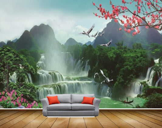 Avikalp MWZ2643 Mountains Trees Pink Flowers Birds Waterfalls River Pond Water HD Wallpaper