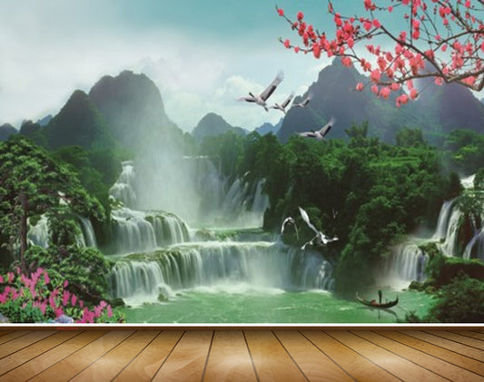 Avikalp MWZ2643 Mountains Trees Pink Flowers Birds Waterfalls River Pond Water HD Wallpaper