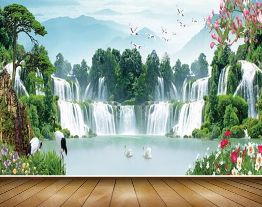 Avikalp MWZ2645 Waterfalls Trees Pink Flowers Cranes Mountains Birds Duck Plants River Lake Water HD Wallpaper