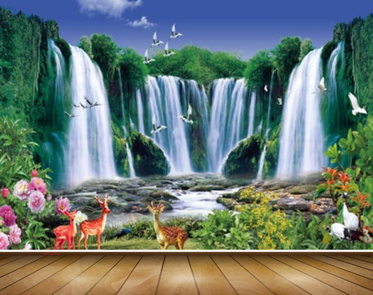 Avikalp MWZ2646 Waterfalls Birds Flowers Deers Stones Plants River Water HD Wallpaper