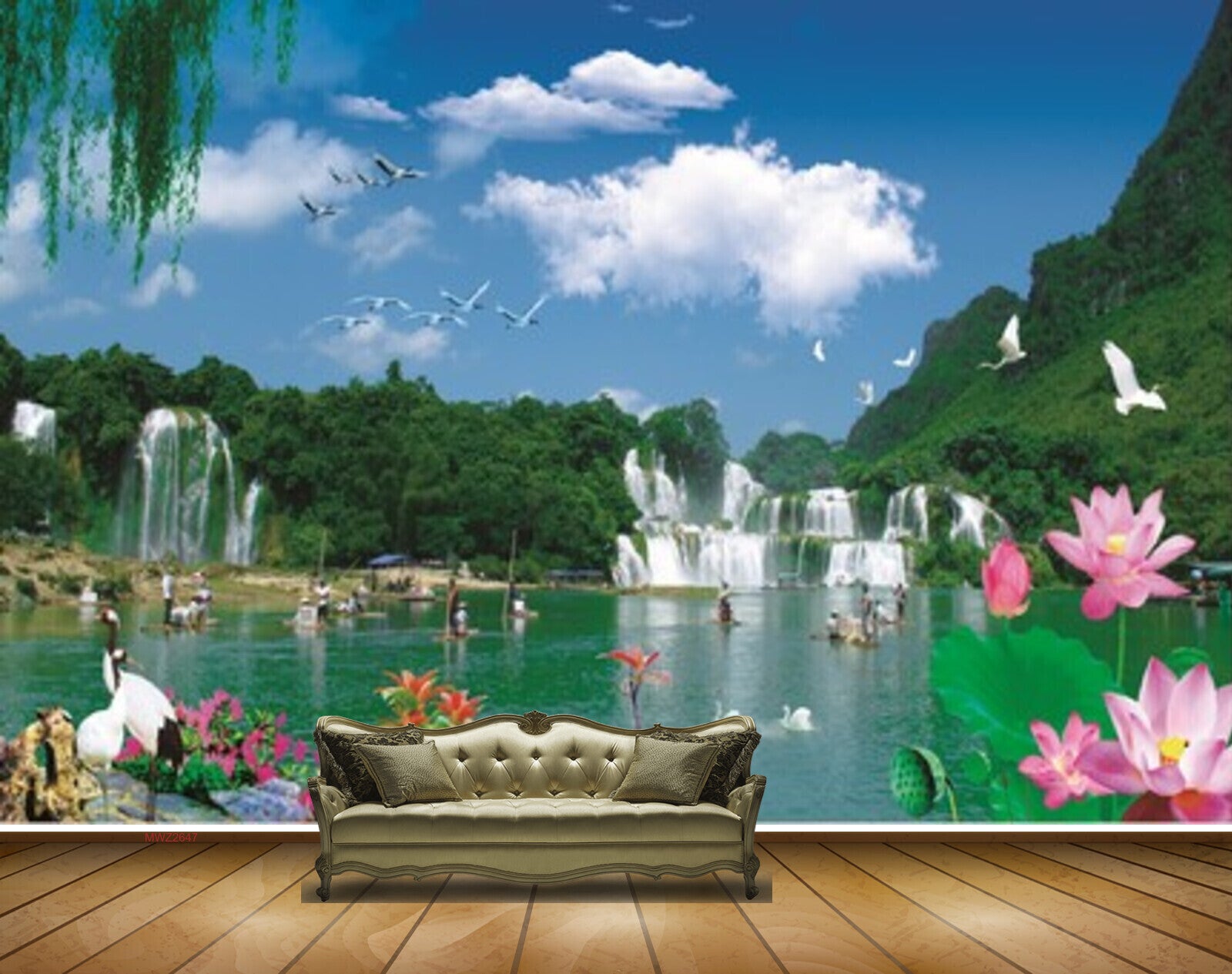 Avikalp MWZ2647 Waterfalls Pink Lotus Flowers Birds Cranes Boats Plants Clouds River Lake Water Duck HD Wallpaper