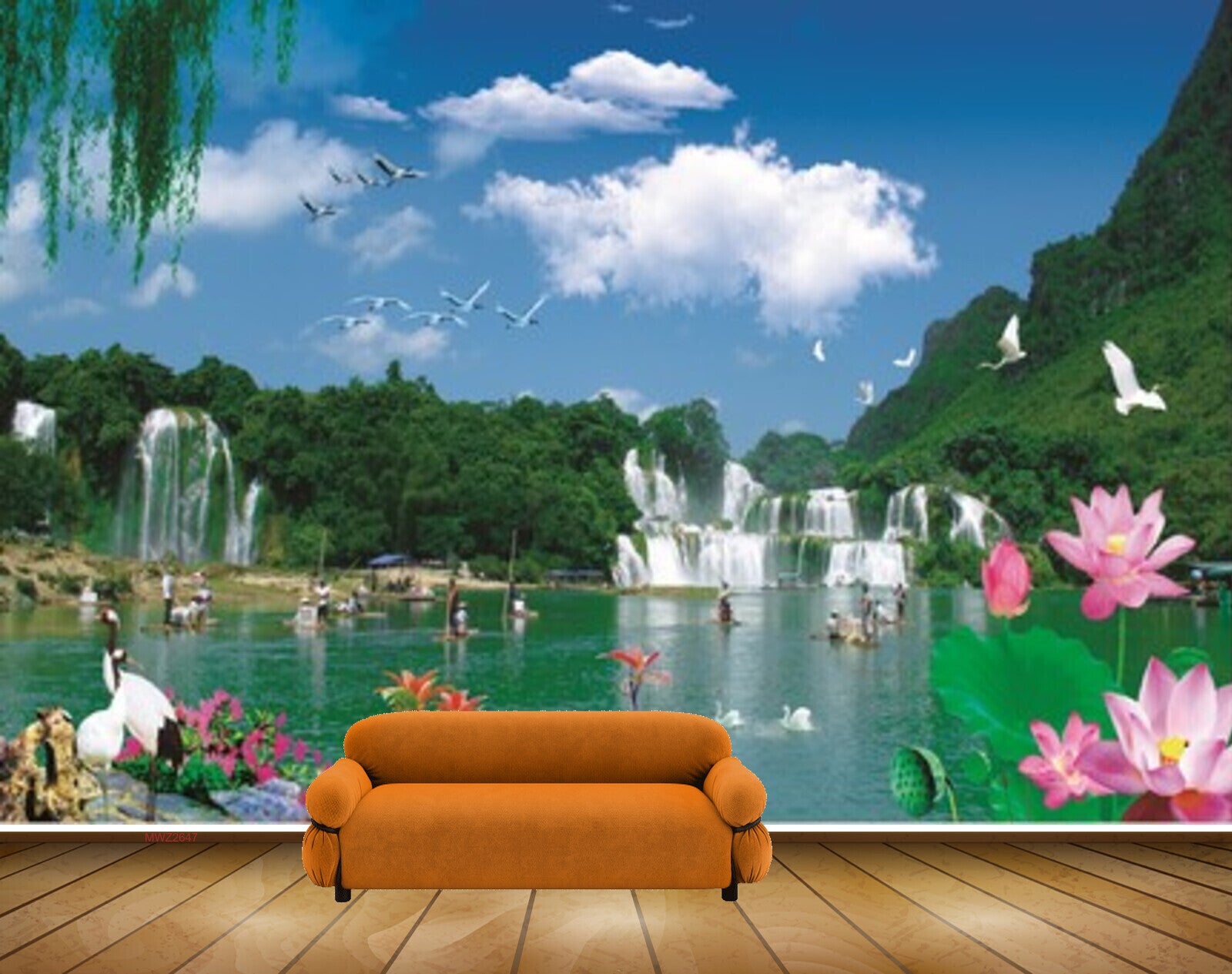 Avikalp MWZ2647 Waterfalls Pink Lotus Flowers Birds Cranes Boats Plants Clouds River Lake Water Duck HD Wallpaper