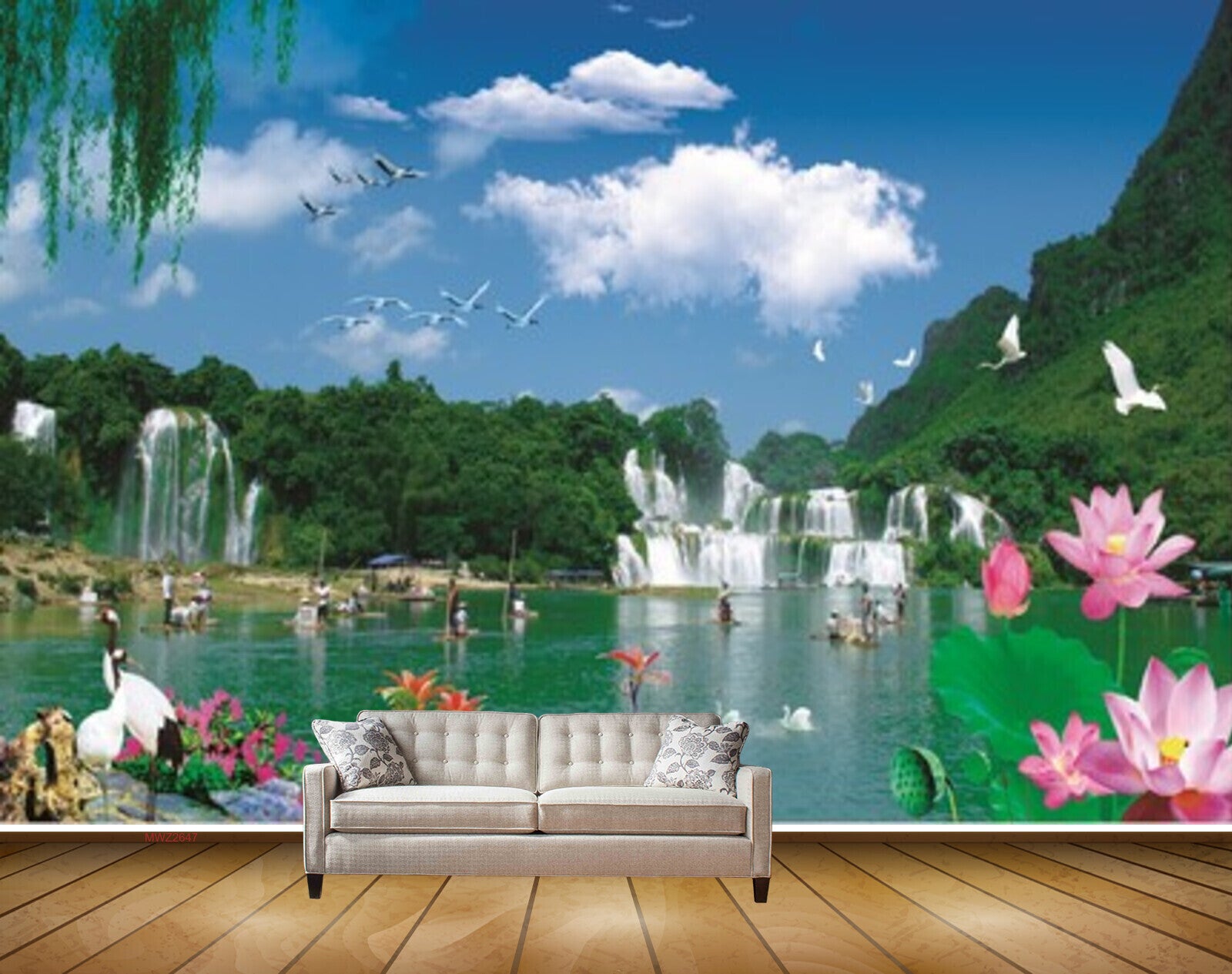 Avikalp MWZ2647 Waterfalls Pink Lotus Flowers Birds Cranes Boats Plants Clouds River Lake Water Duck HD Wallpaper