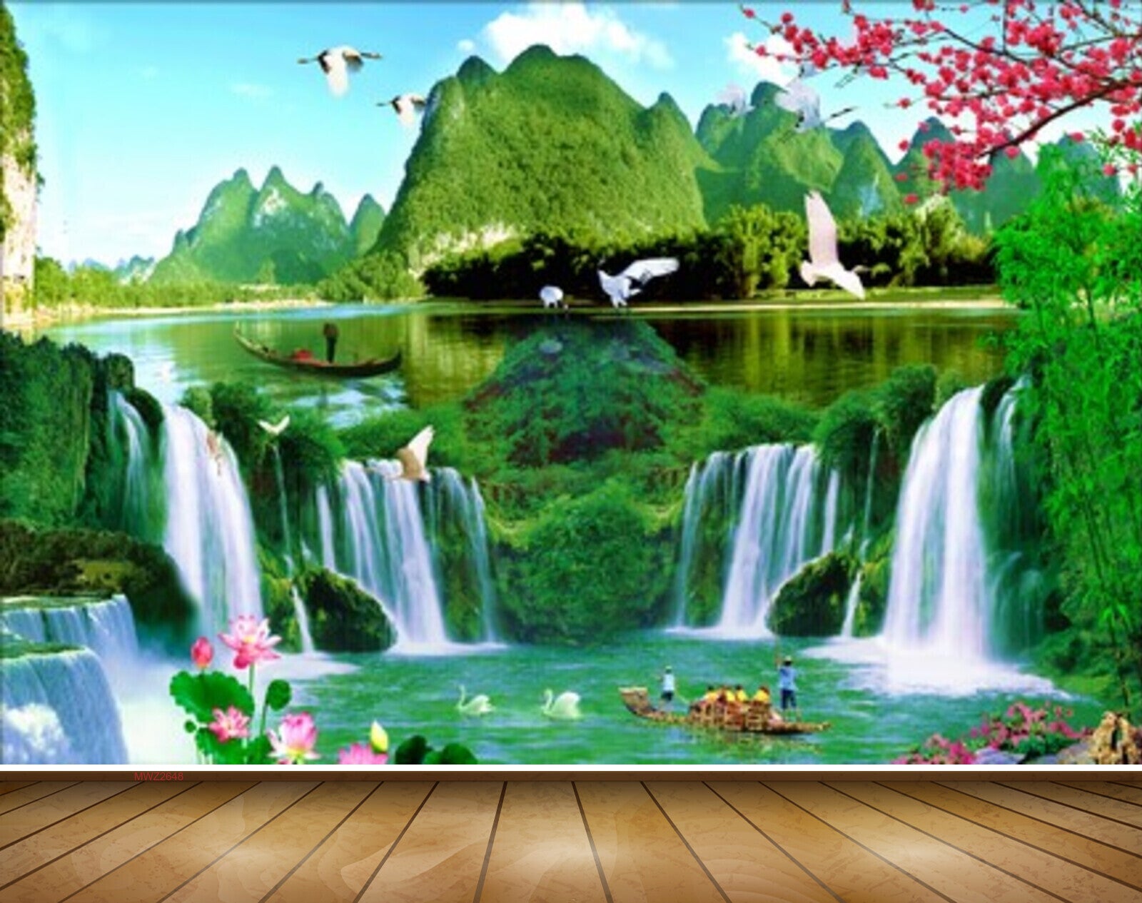 Avikalp MWZ2648 Waterfalls Trees Birds Lotus Flowers Mountains Trees Boats Duck HD Wallpaper