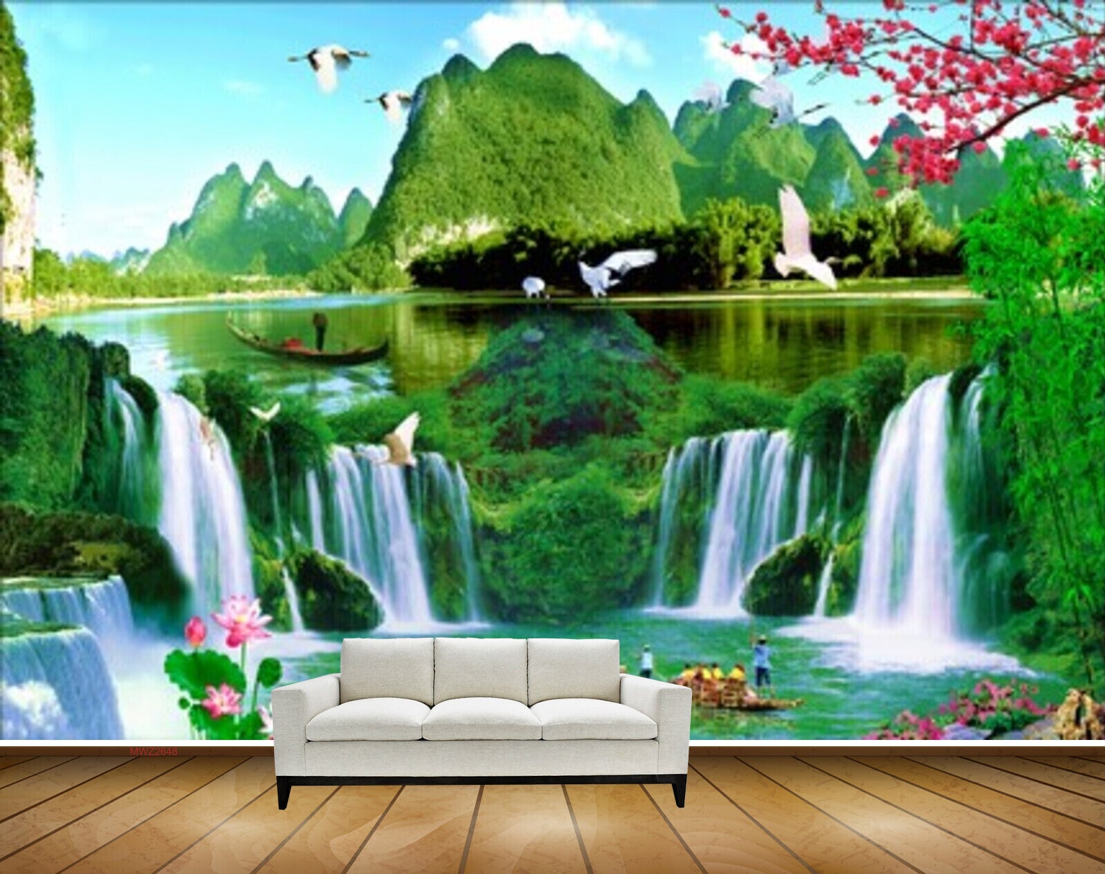 Avikalp MWZ2648 Waterfalls Trees Birds Lotus Flowers Mountains Trees Boats Duck HD Wallpaper