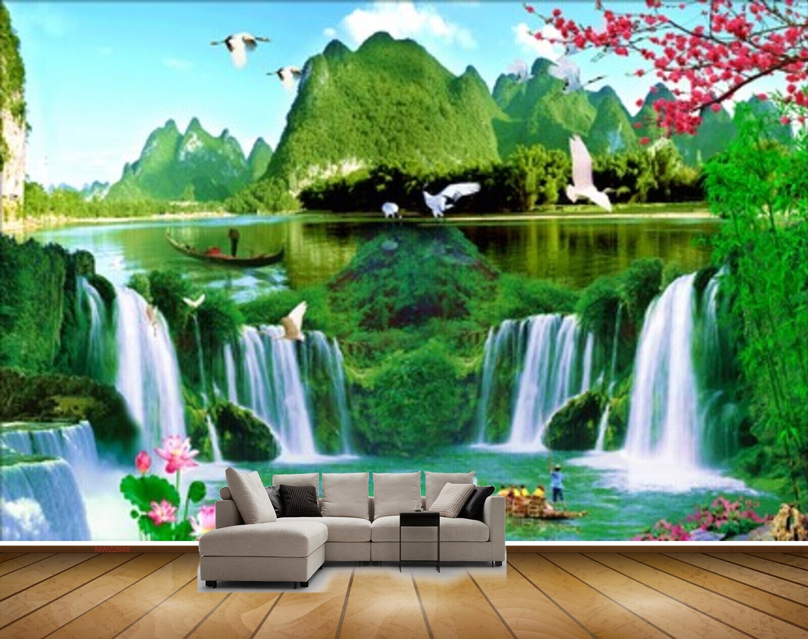 Avikalp MWZ2648 Waterfalls Trees Birds Lotus Flowers Mountains Trees Boats Duck HD Wallpaper