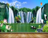 Avikalp MWZ2649 Sun Waterfalls Lotus Flowers Trees Cranes Plants Boat River Lake waters Stones HD Wallpaper